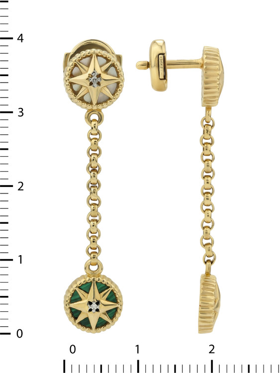 Серьги из лимонного золота c бриллиантами, малахитом и перламутром