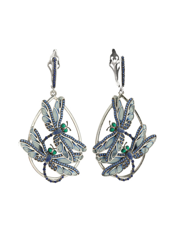 Серьги из белого золота c сапфиром и эмалью