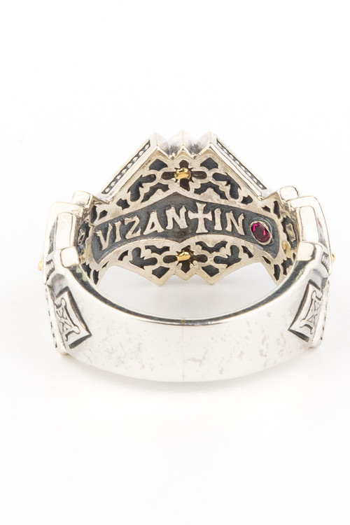 Кольцо из серебра и золота c ониксом и рубином