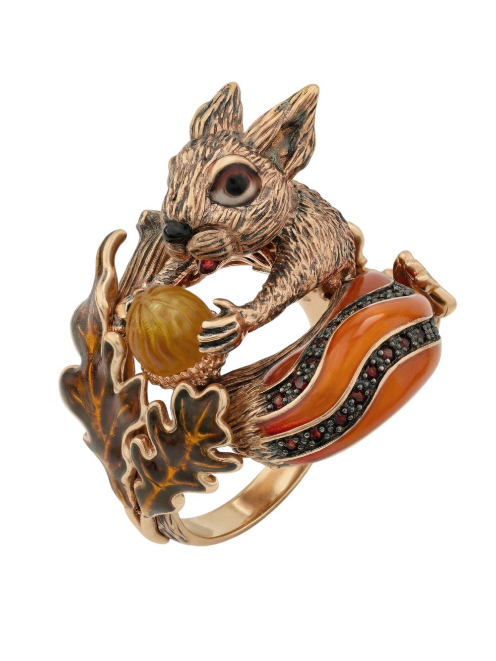 Кольцо из золота c эмалью, гранатом и янтарём