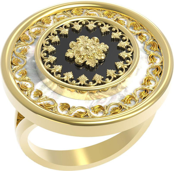 Кольцо из лимонного золота c ониксом и перламутром