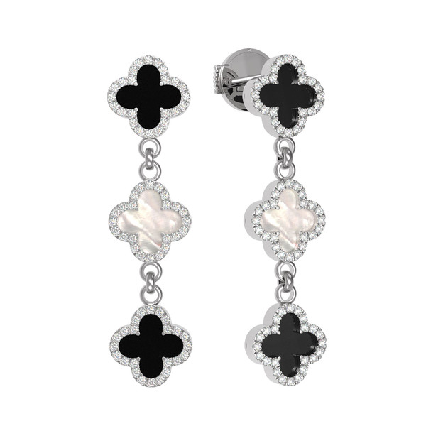 Серьги из белого золота c бриллиантами, ониксом и перламутром