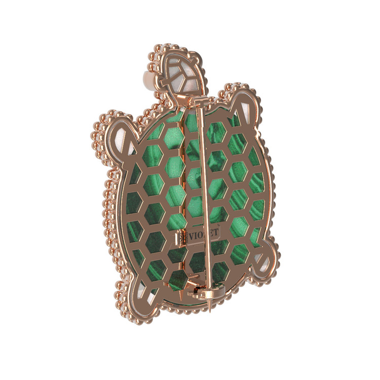 Брошь из золота c эмалью, малахитом и перламутром