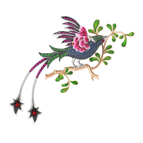 Брошь из белого золота c эмалью, фианитом и гранатом