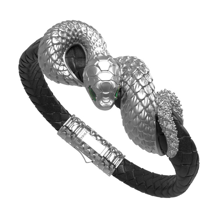 Браслет из белого золота c бриллиантами, изумрудом и шнурком