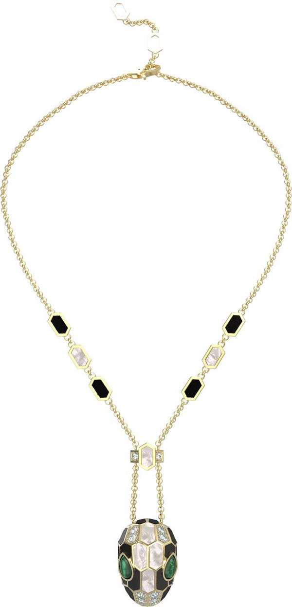 Колье из лимонного золота c бриллиантами, рубином, ониксом, малахитом и перламутром