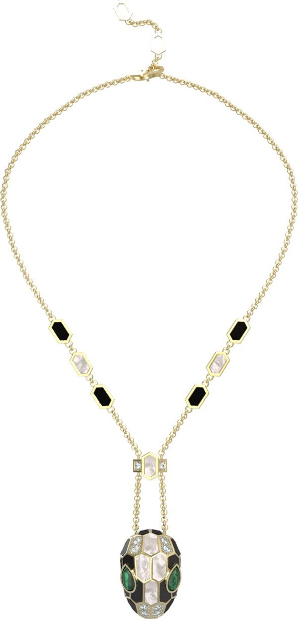 Колье из лимонного золота c бриллиантами, рубином, ониксом, малахитом и перламутром