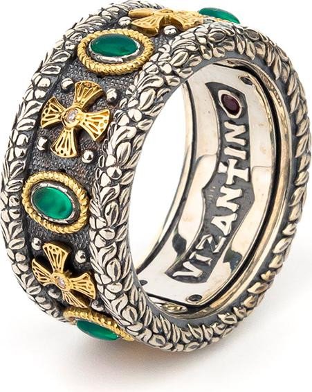 Кольцо из серебра и золота c бриллиантами, хризопразом и рубином