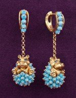 Серьги из лимонного золота 585 пробы c эмалью и бирюзой