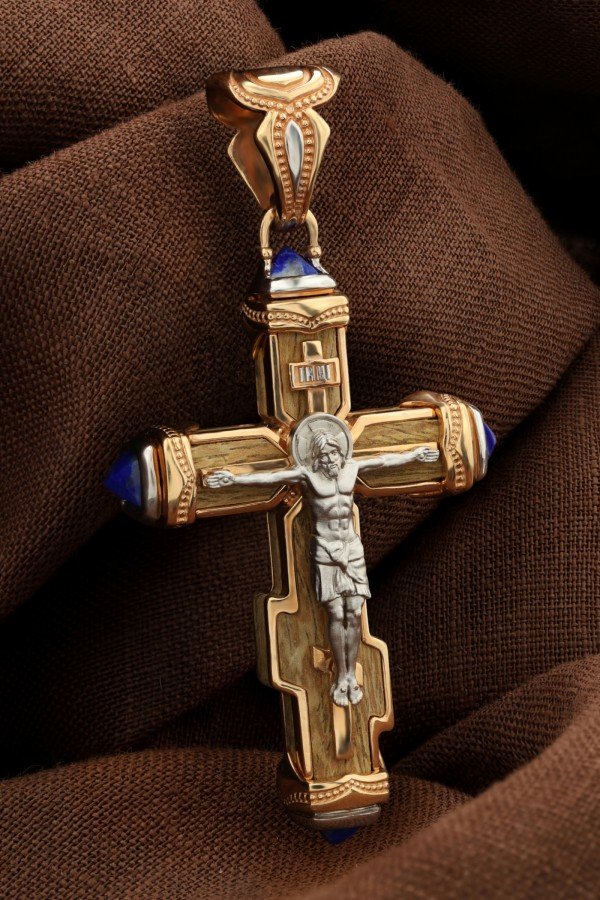 Крест из золота c лазуритом и железным деревом