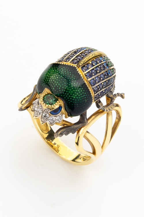 Кольцо из лимонного золота c эмалью, фианитом и турмалином