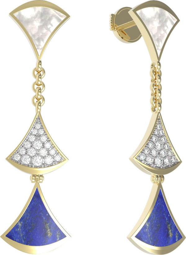 Серьги из лимонного золота c бриллиантами, лазуритом и перламутром