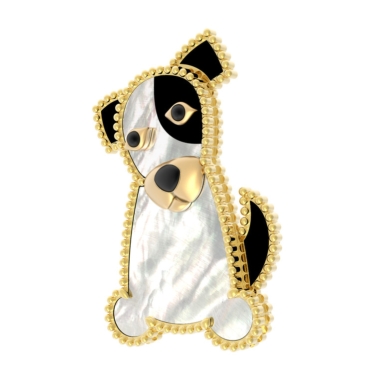 Брошь из лимонного золота c эмалью, ониксом и перламутром