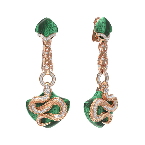 Серьги из золота c бриллиантами и малахитом