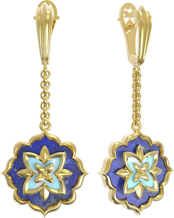 Серьги из лимонного золота c бирюзой и лазуритом