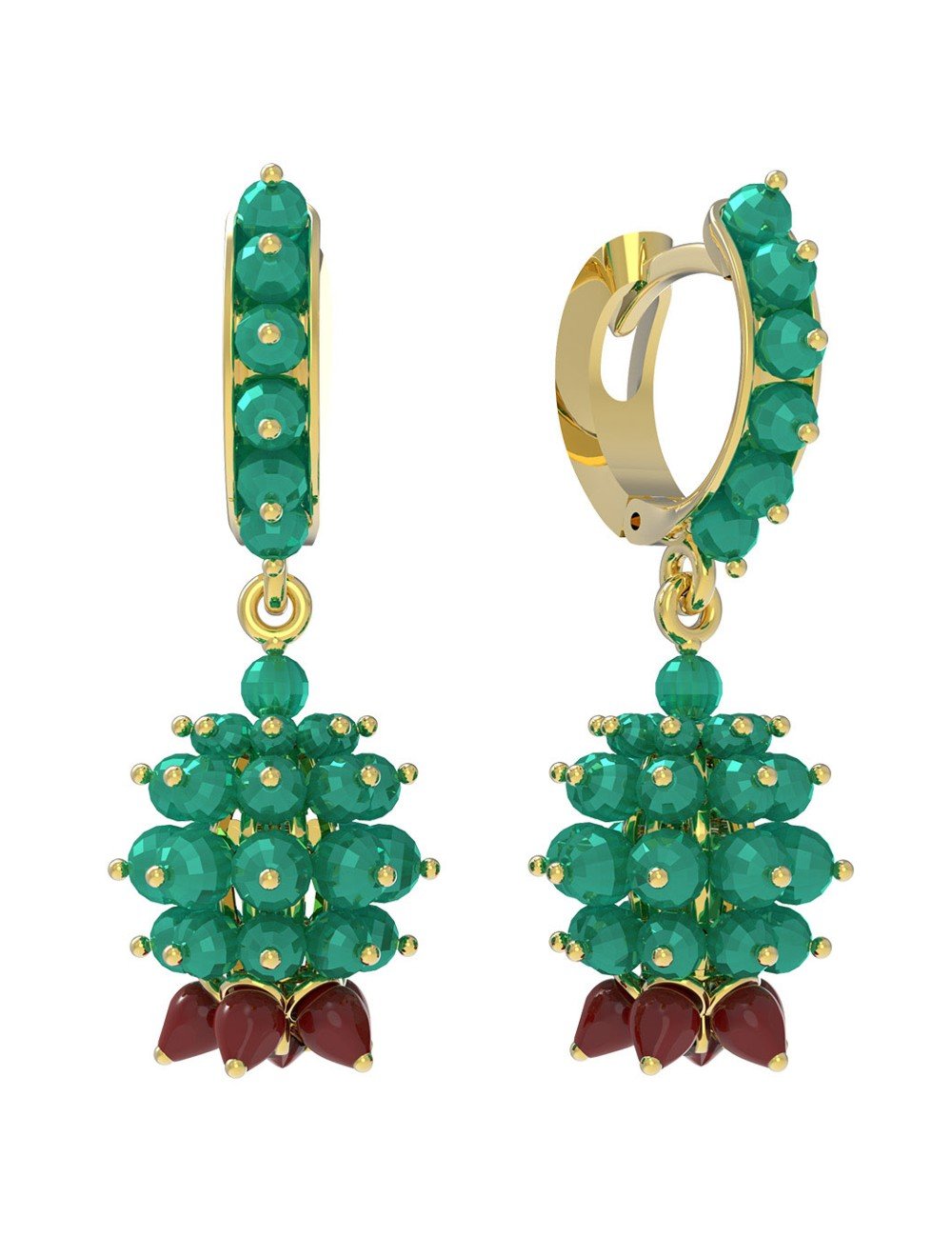 Серьги из лимонного золота 585 пробы c гранатом, хризопразом и кораллом