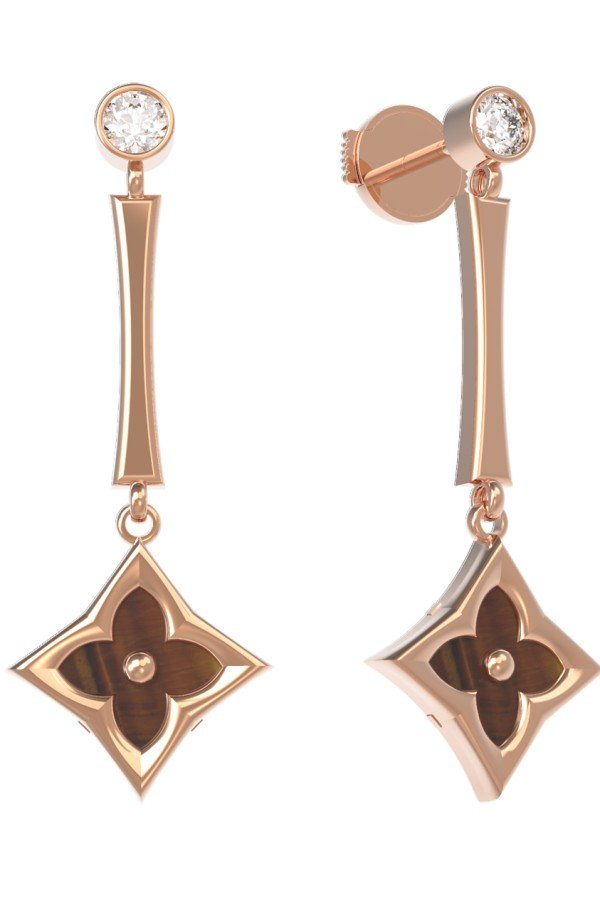 Серьги из золота 585 пробы c фианитом и тигровым глазом