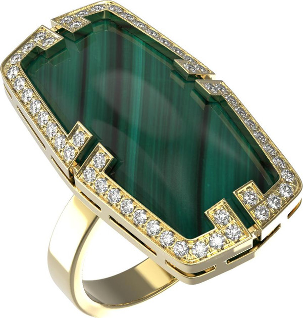 Кольцо из лимонного золота c бриллиантами, рубином и малахитом