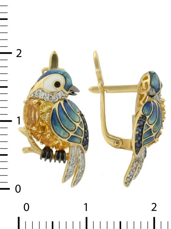 Серьги из лимонного золота c эмалью, фианитом, цитрином и сапфиром