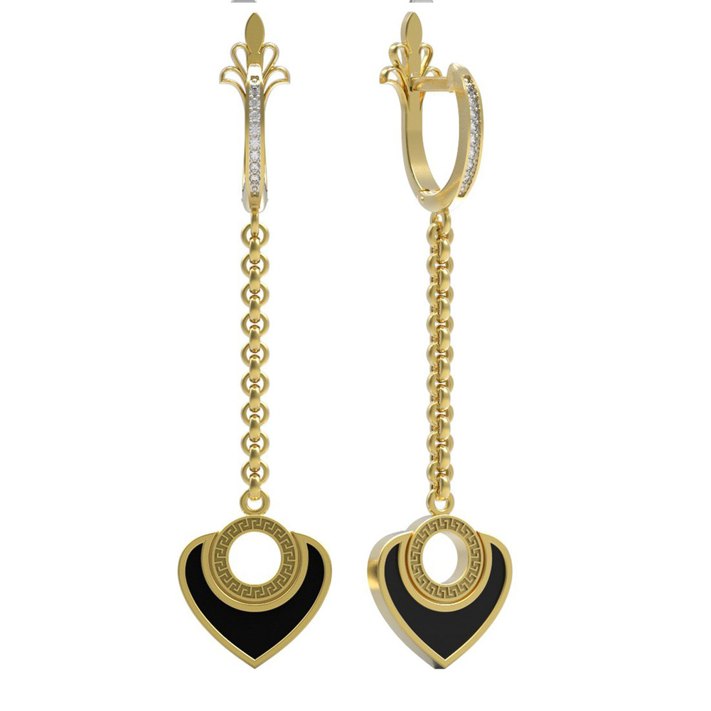 Серьги из лимонного золота c фианитом и ониксом