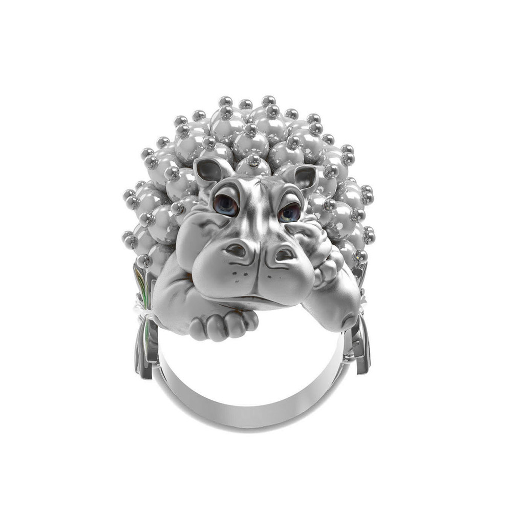 Кольцо из белого золота c эмалью и жемчугом