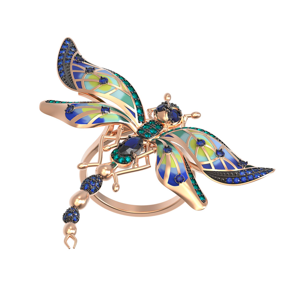 Кольцо из золота c фианитом, сапфиром и эмалью