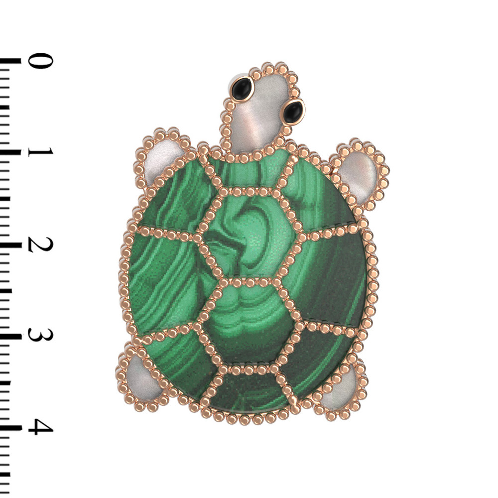 Брошь из золота c эмалью, малахитом и перламутром