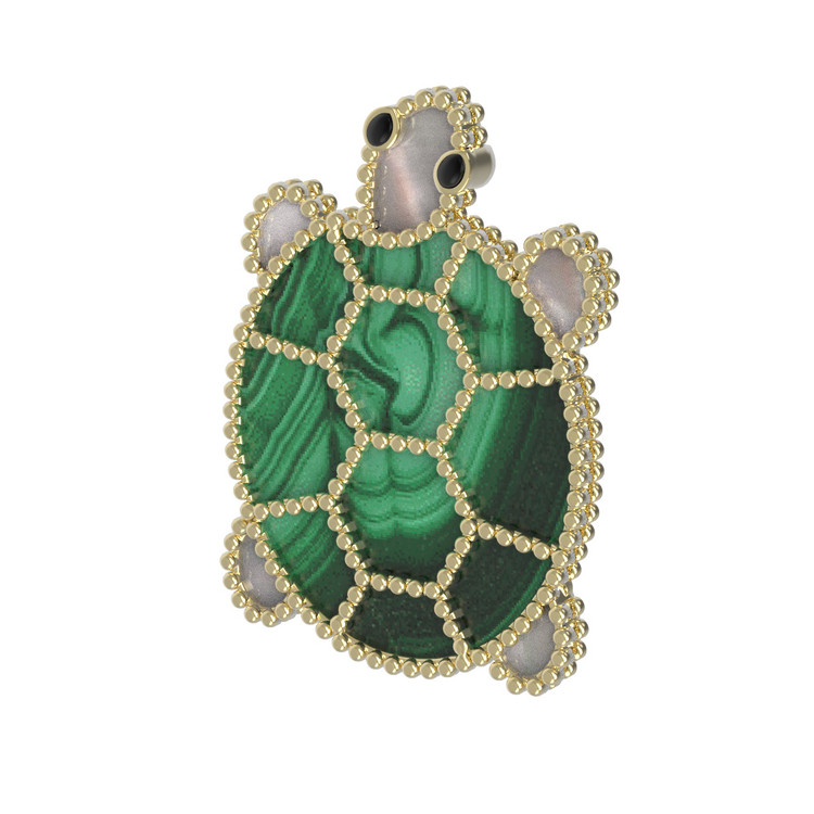 Брошь из лимонного золота c эмалью, малахитом и перламутром