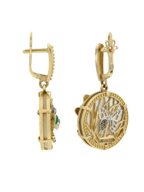 Серьги из лимонного золота c сапфиром, изумрудом, эмалью и перламутром