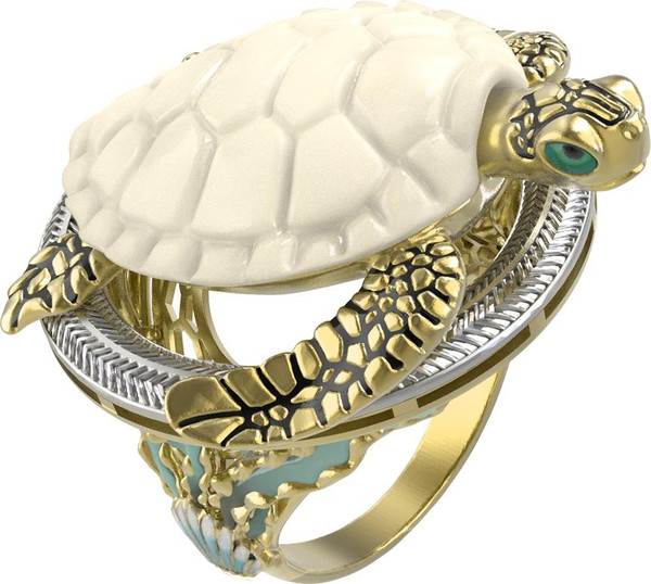 Кольцо из лимонного золота c эмалью и бивнем мамонта