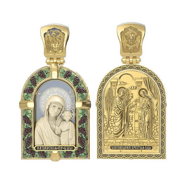 Образок из лимонного золота c эмалью и бивнем мамонта