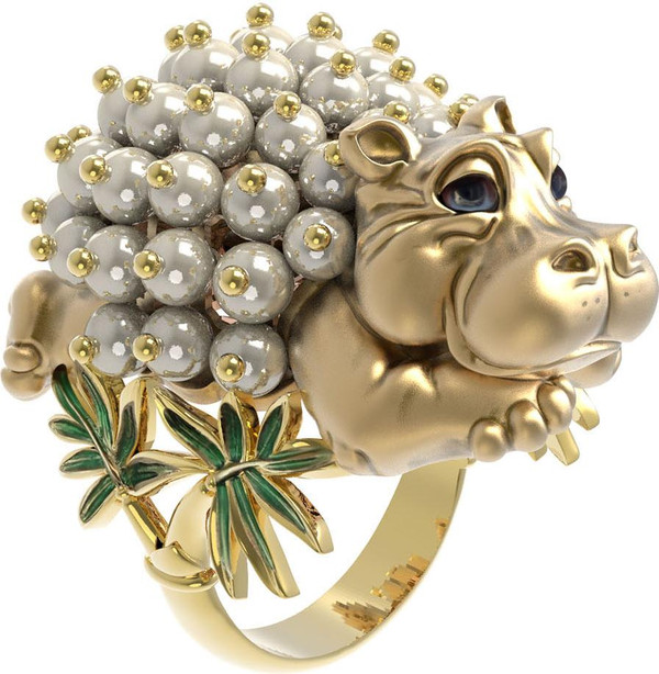 Кольцо из лимонного золота c эмалью и жемчугом