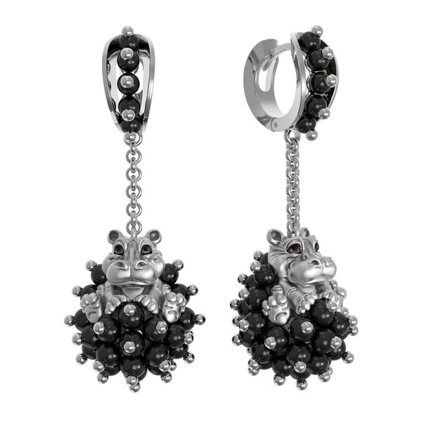 Серьги из белого золота c эмалью и ониксом