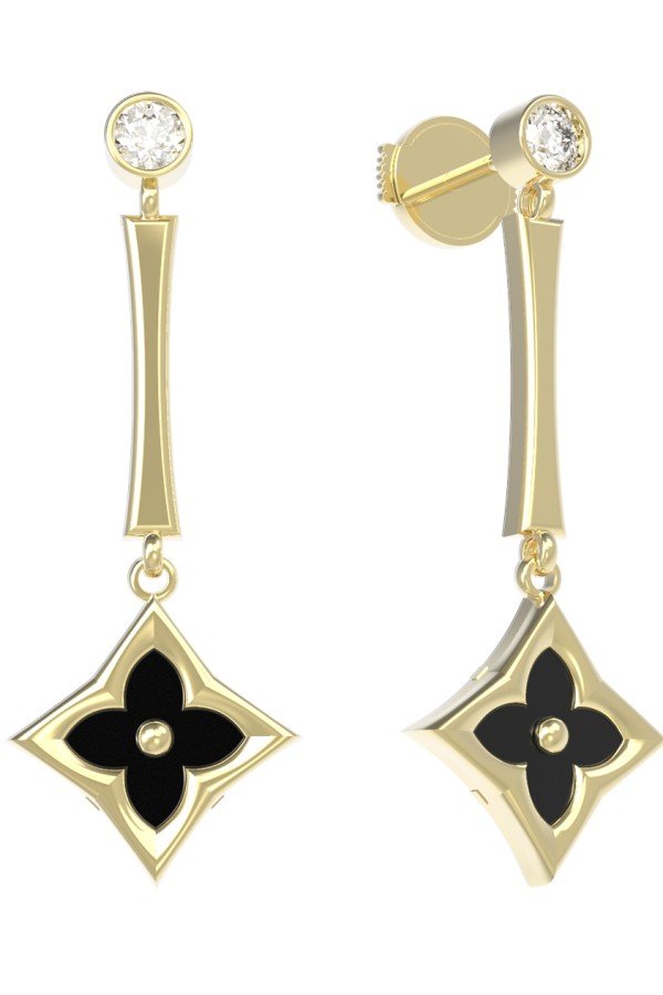 Серьги из лимонного золота 585 пробы c фианитом и ониксом