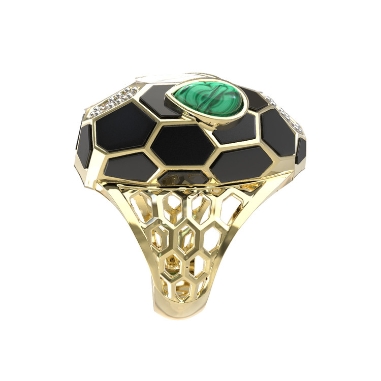 Кольцо из лимонного золота c бриллиантами, рубином, ониксом, малахитом и перламутром