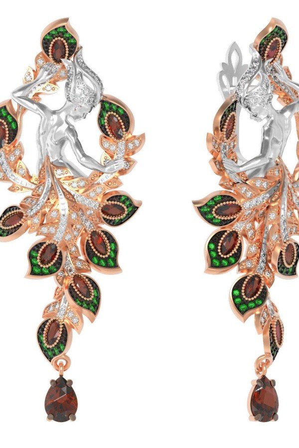 Серьги из золота 585 пробы c фианитом и гранатом