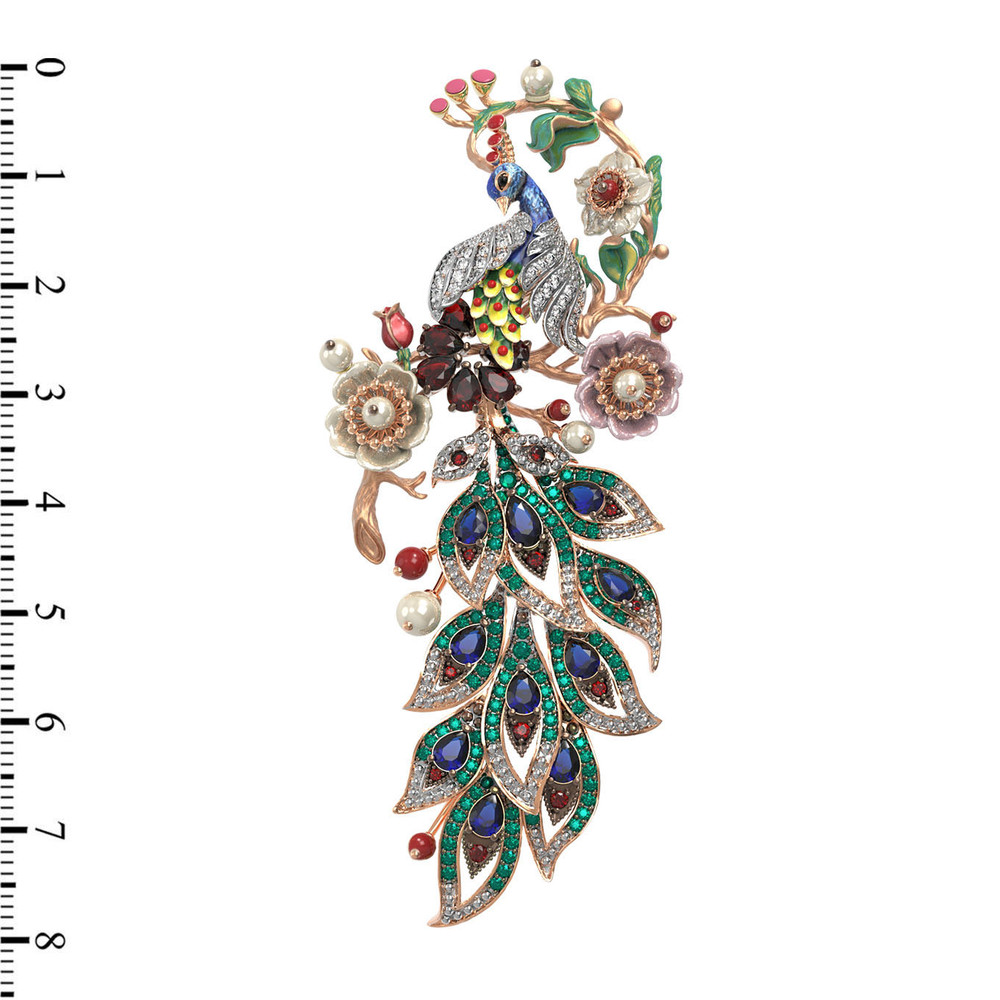 Брошь из золота c эмалью, фианитом, гранатом, жемчугом, сапфиром, кораллом и перламутром