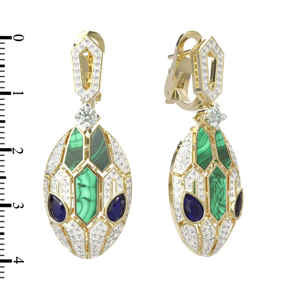 Серьги из лимонного золота c бриллиантами, сапфиром и малахитом