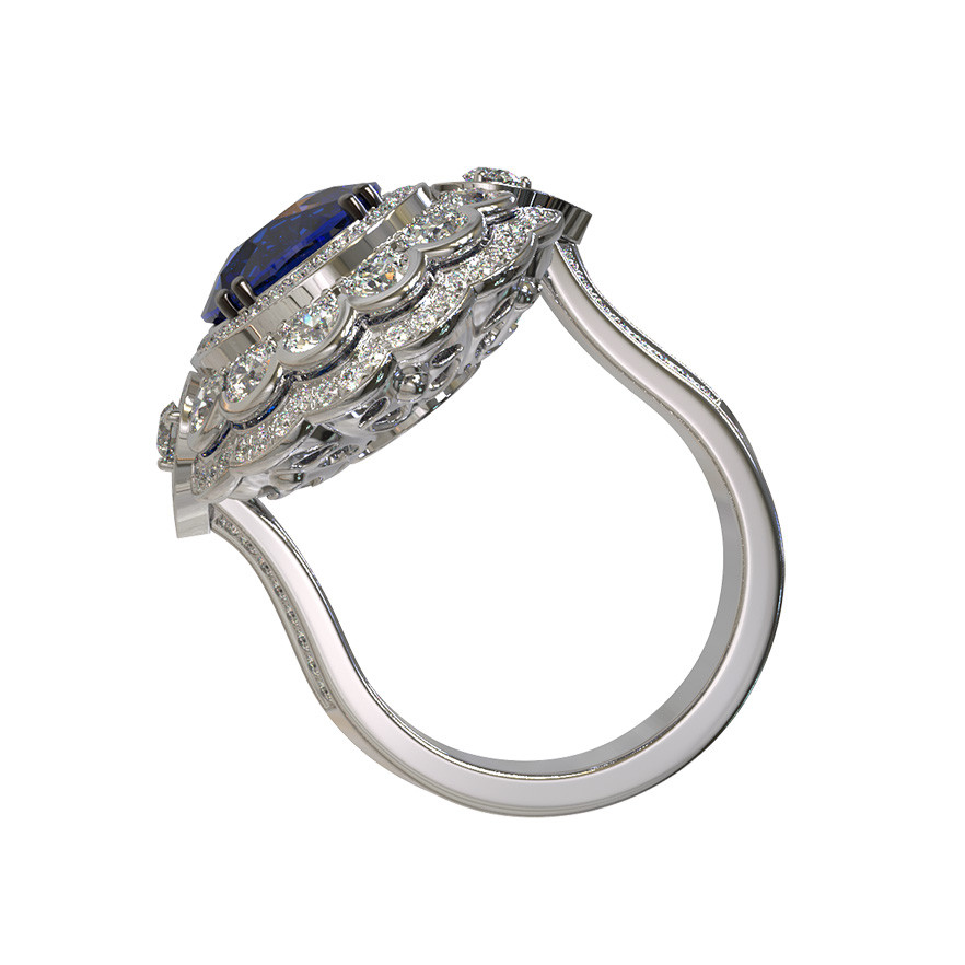 Кольцо из белого золота c бриллиантами и сапфиром