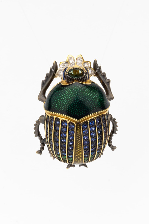 Брошь из лимонного золота c эмалью, фианитом и турмалином