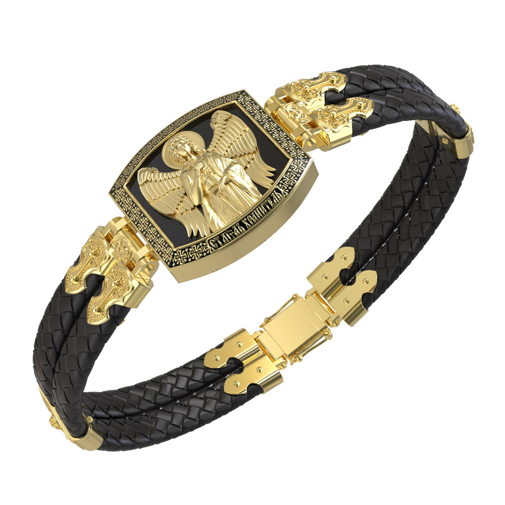 Браслет из лимонного золота c эмалью, шнурком и ониксом