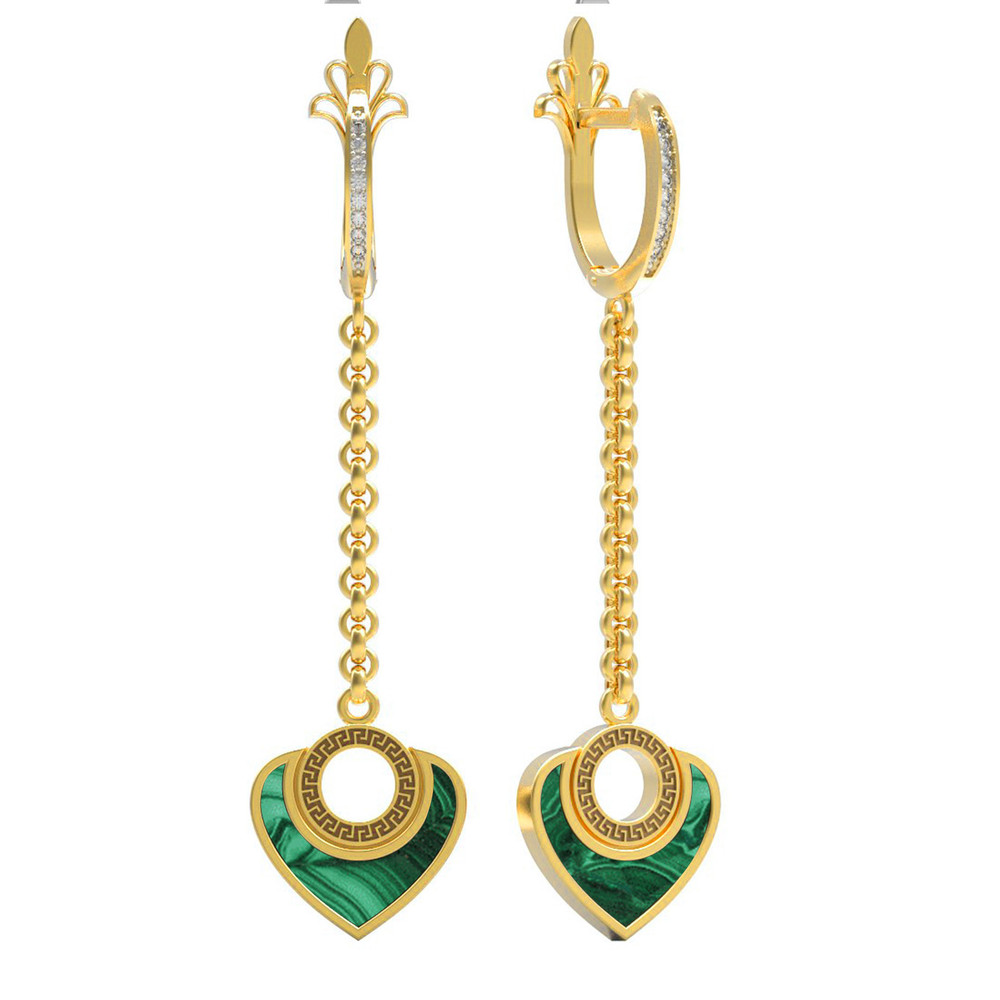 Серьги из лимонного золота c фианитом и малахитом