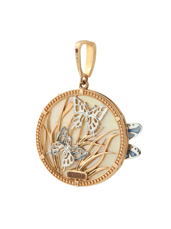 Подвеска из золота c сапфиром, эмалью и перламутром