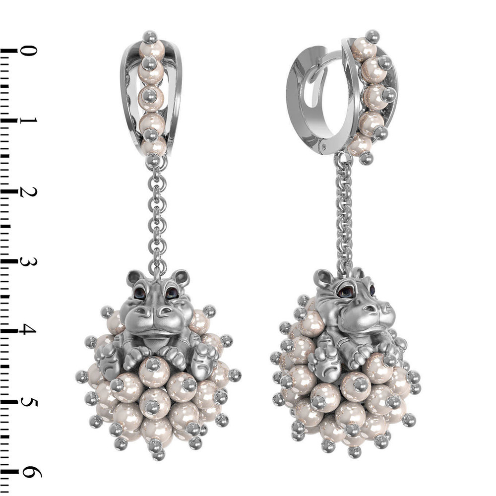 Серьги из белого золота c эмалью и жемчугом