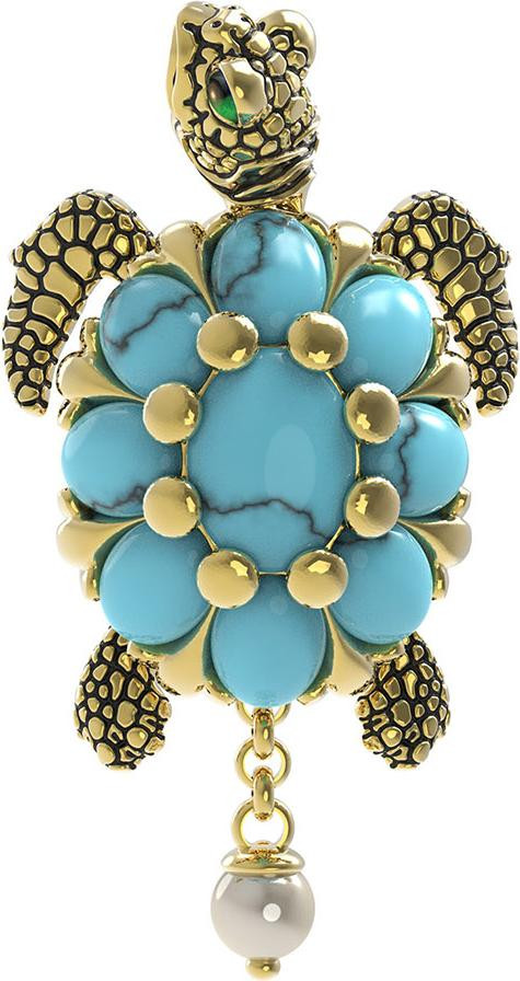 Подвеска из лимонного золота c эмалью, жемчугом и бирюзой