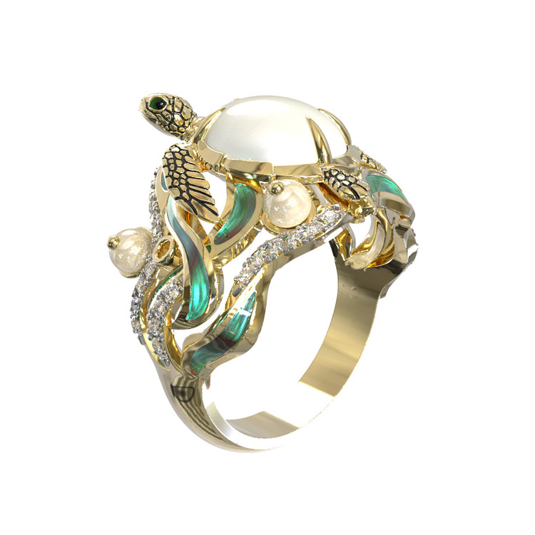 Кольцо из лимонного золота c эмалью, бриллиантами, жемчугом и перламутром