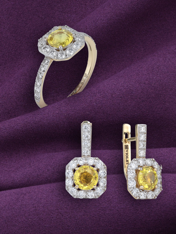 Серьги из лимонного золота c бриллиантами и сапфиром