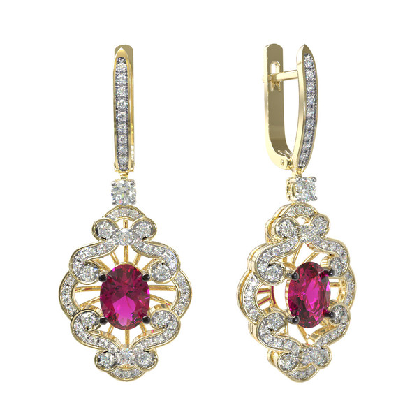 Серьги из лимонного золота c бриллиантами и рубином