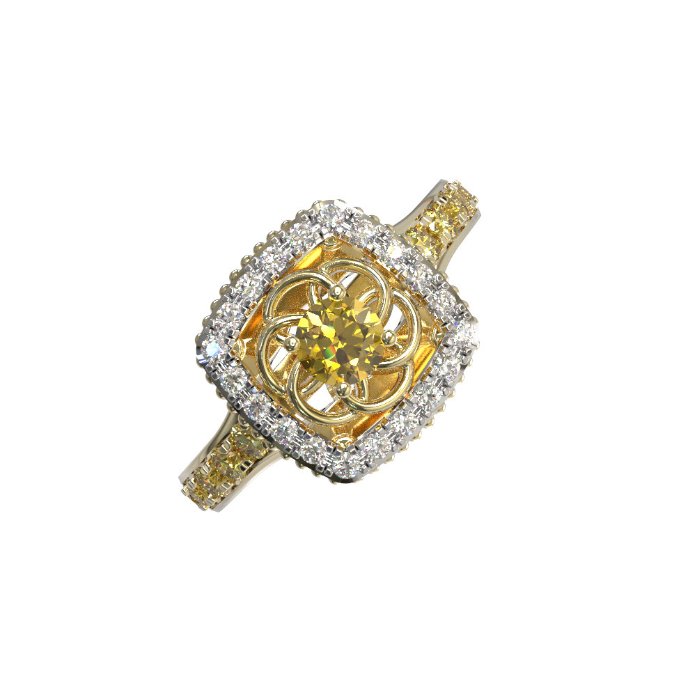 Кольцо из лимонного золота c бриллиантами и сапфиром