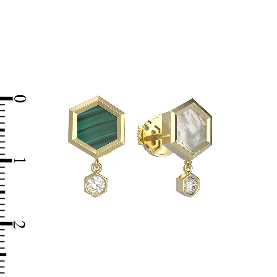 Серьги из лимонного золота c бриллиантами, малахитом и перламутром